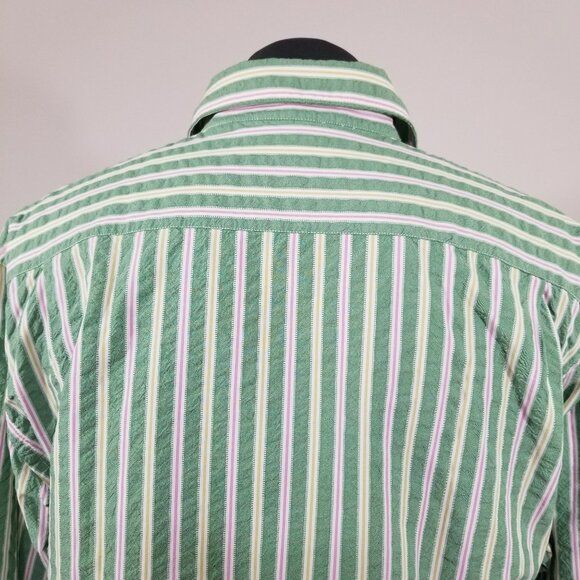 New 7 For All Mankind Pink Green Striped Crinkle Cotton Button Down Preppy XL - Picture 6 of 14